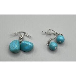 Jewelry Earrings Dangle 1" 2 Sets Silver Tone Faux Turquoise Round Geo. Design